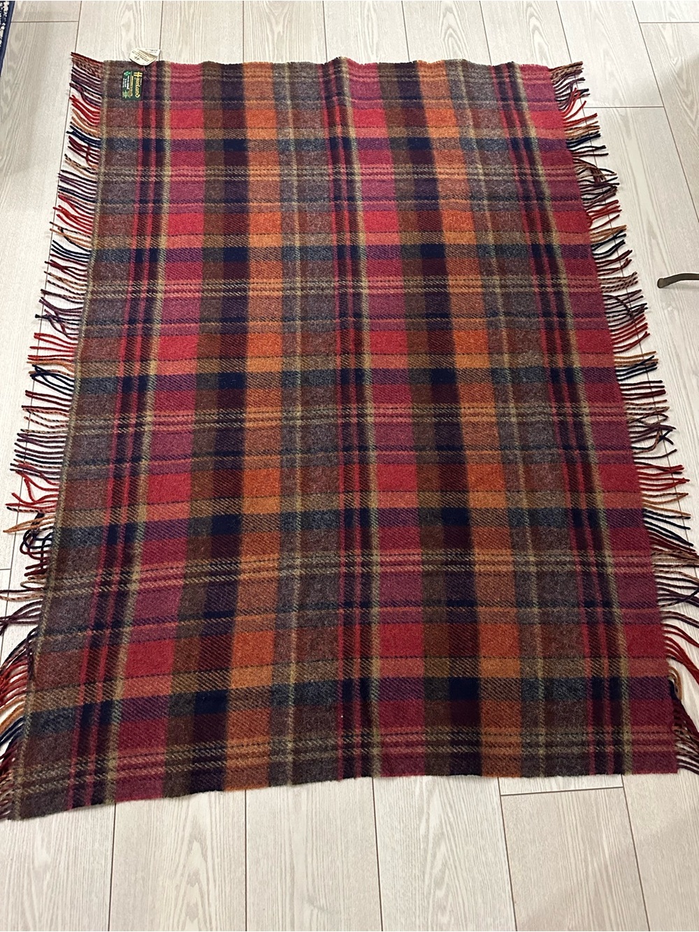 Plaid Wool Throw Blanket - Red & Orange Pure Wool Knee Rug